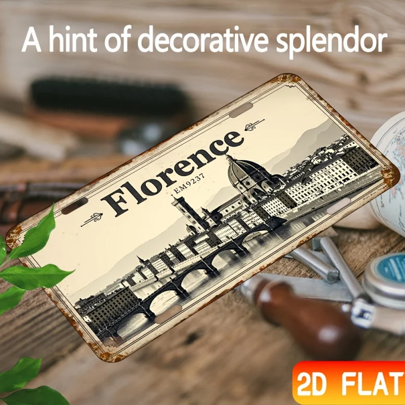 مسطحة ثنائية الأبعاد، قطعة واحدة من لوحة لافتة ديكور الحائط المصنوعة من الألومنيوم العتيق - فن المناظر الطبيعية في فلورنسا إيطاليا، لافتة معدنية على الطراز الصناعي لمقهى البار