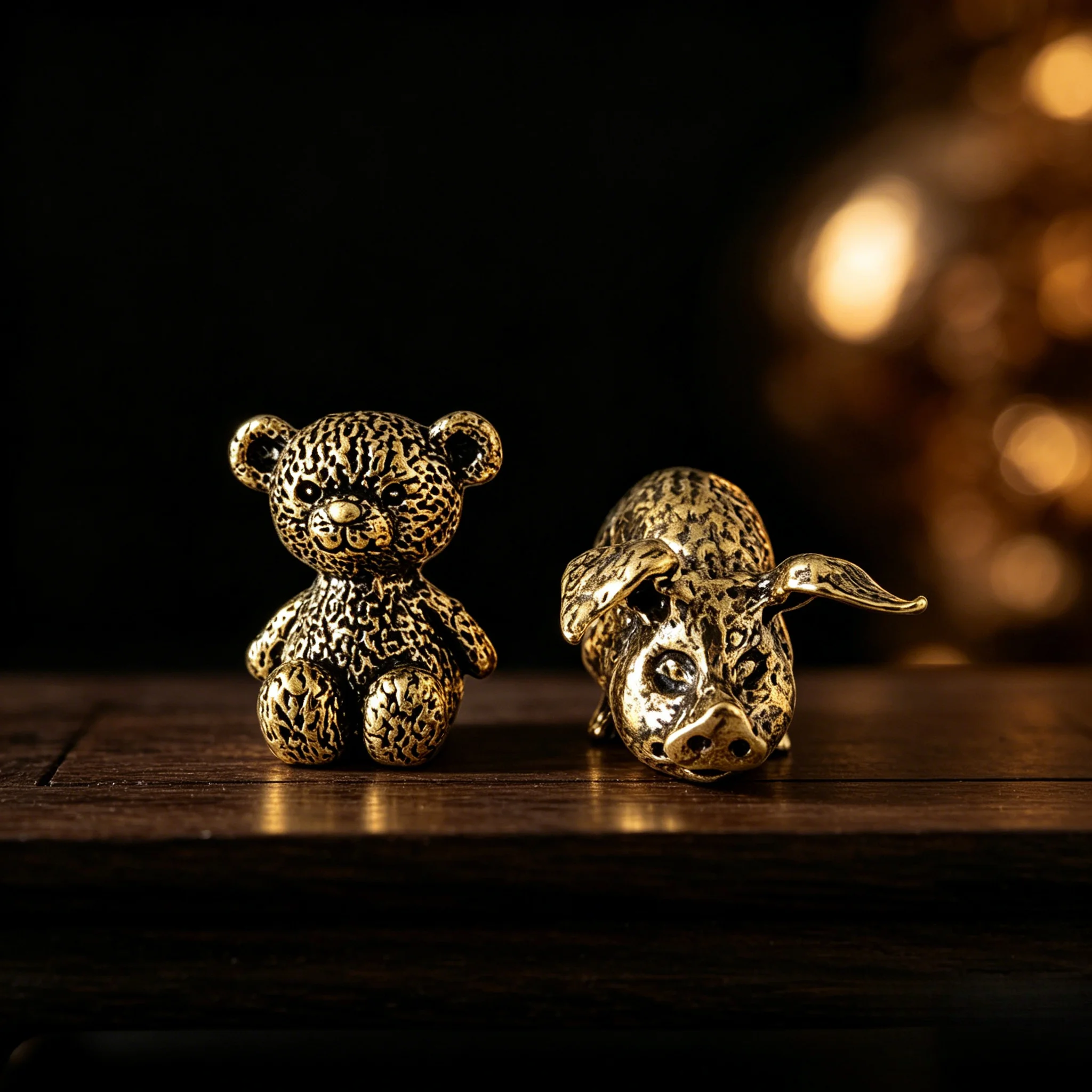 2 pieces of vintage brass texture bear and lucky pig mini figurines, hand-made old metal figurines