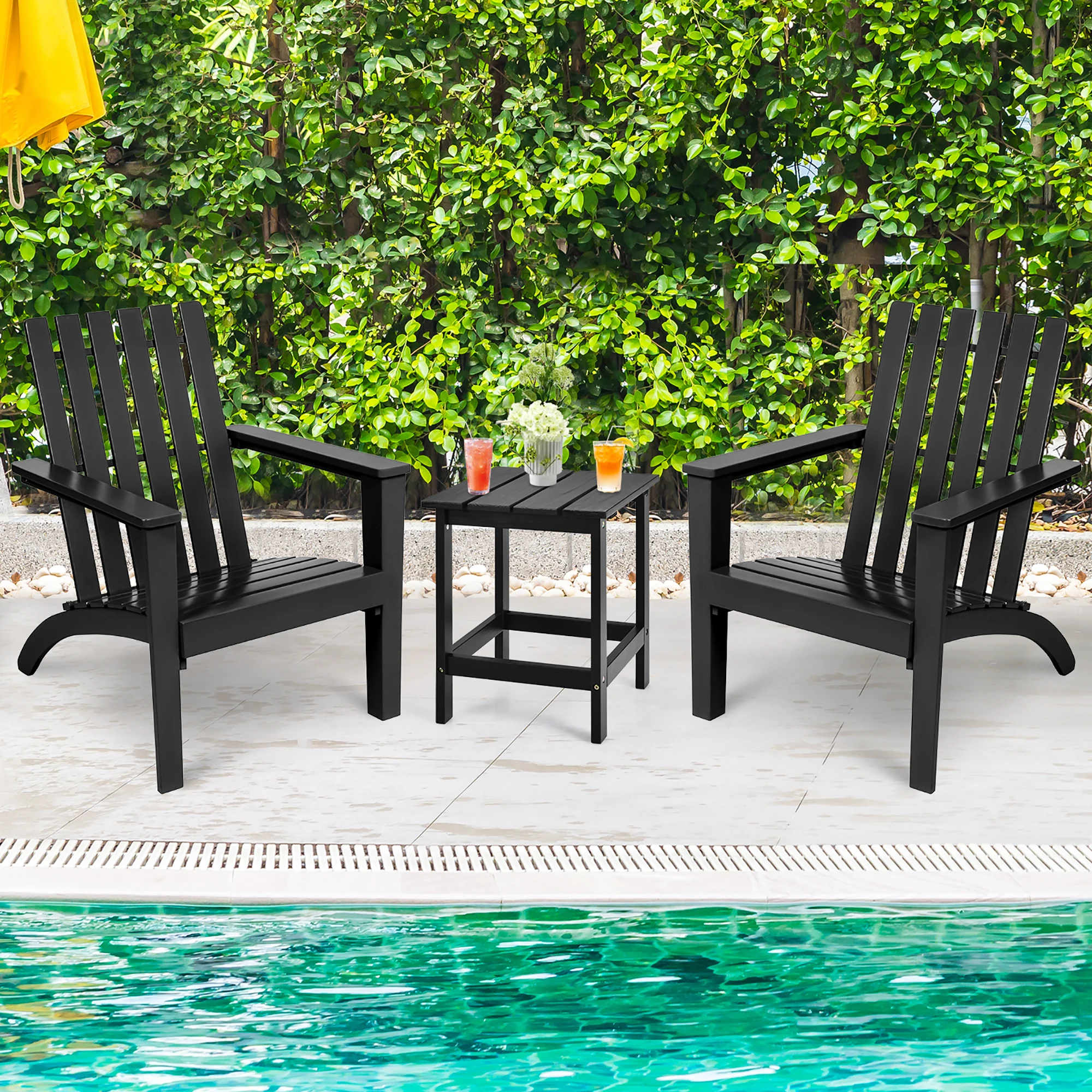 3PC Patio Adirondack Chairs Side Table Set Solid Wood Garden Deck Black