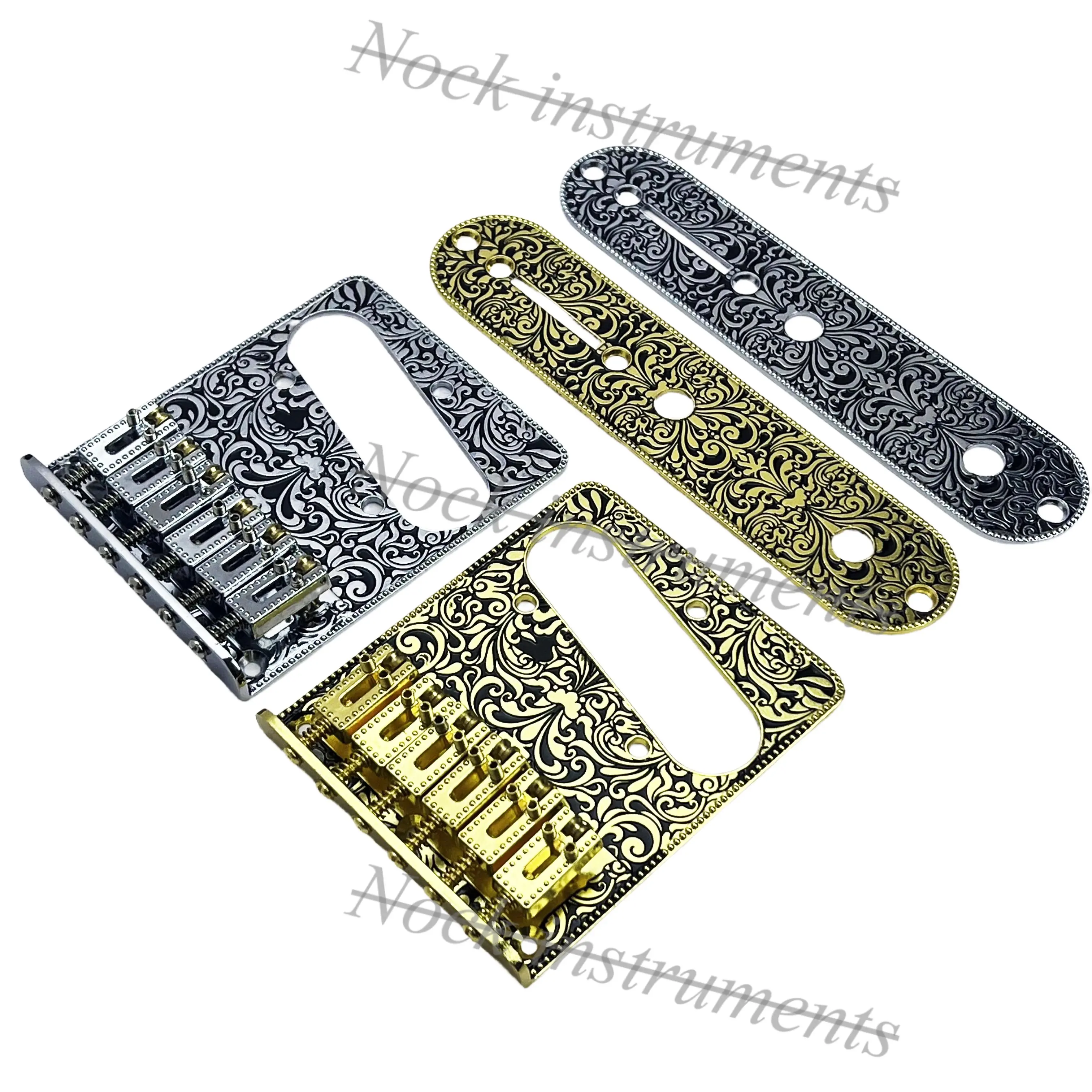 Roller Saddle Bridge and Control Plate for TL Electric Guitar with Carving Decorative Pattern Strings Through Bridge, 6 Strings