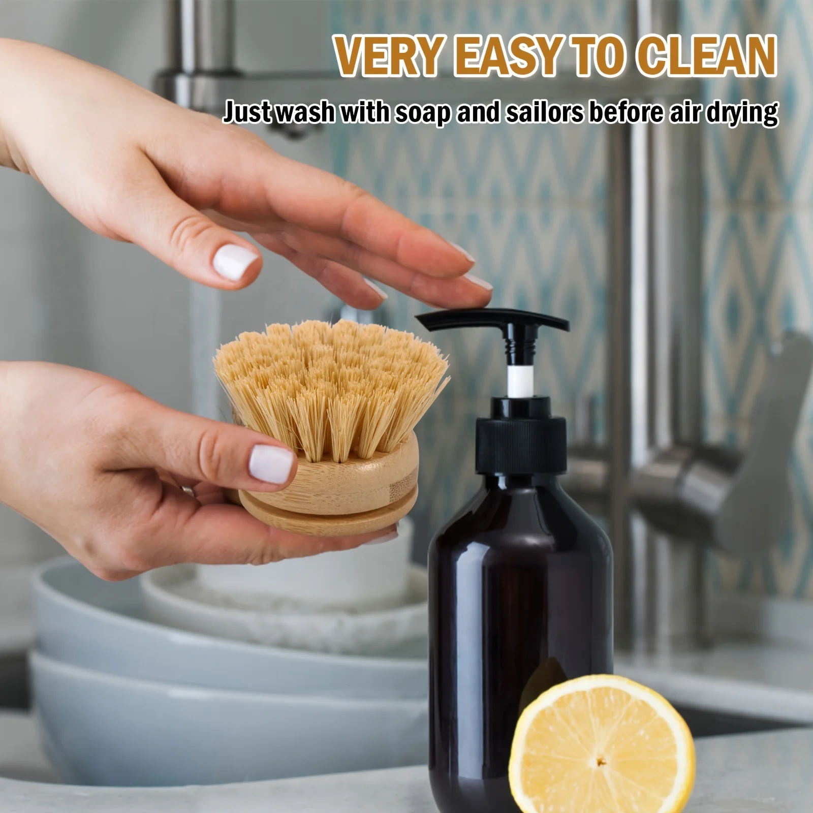 6 bamboo dishwashing brush heads with soft horsehair for natural cleaning, easy to use for dishwashing and cleaning