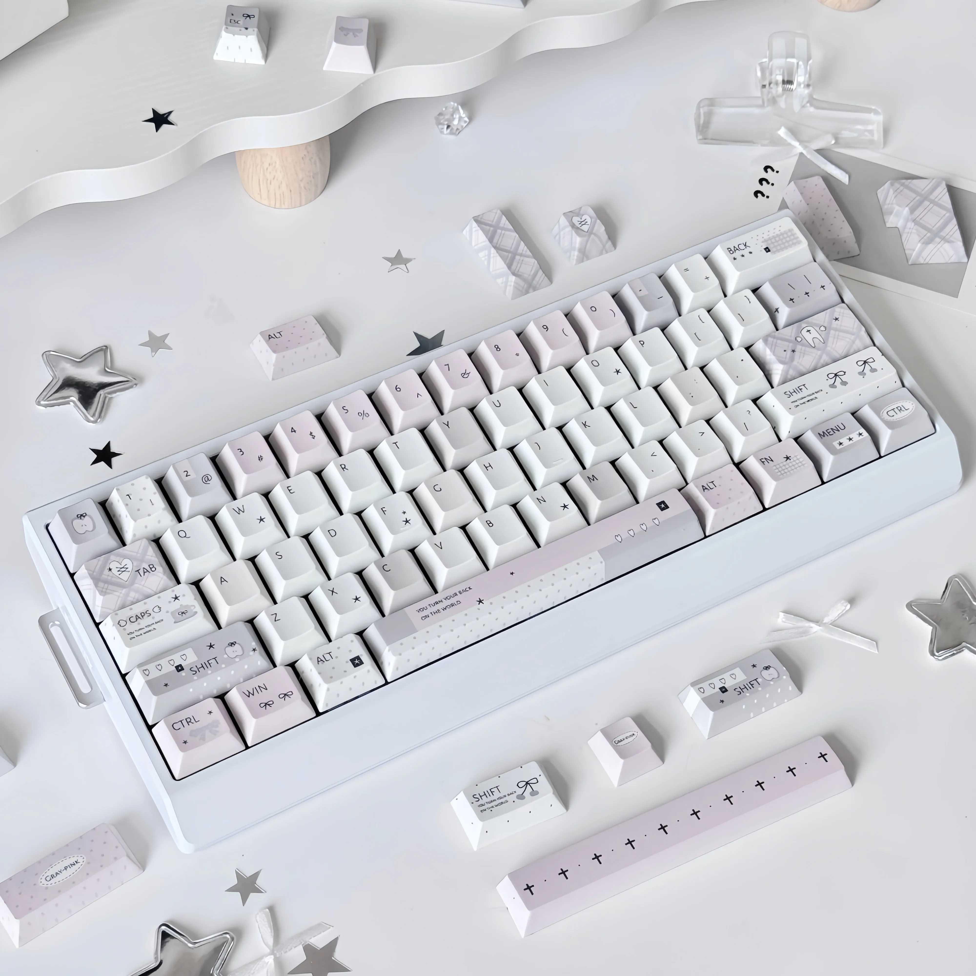 133 Key Grey-Pink Psychology Keycaps Girls Gift Cherry PBT Hot Dye-Sub Key Cap for Made68 Mad68 Wooting 60 Mechanical Keyboard