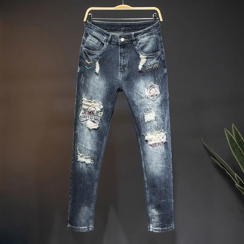 2024 New High-End Jeans Men's Fashion Quality Design Ripped Special Street Trend Stretch Retro Blue Long