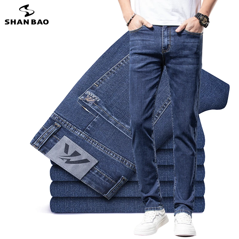 SHAN BAO summer brand new men's fitting straight lightweight cotton stretch jeans youth male simple casual thin slim trousers