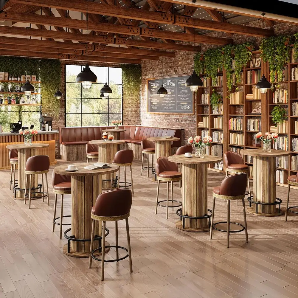 

4-Seat Round Dining Table Set, Bar Height with Wooden Base and Footrest, Suitable for Home, Restaurant, Cafe, Bakery, School Din