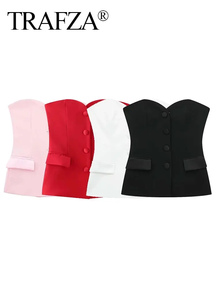 TRAFZA 2024 Fashion Solid Tube Tops For Women Sleeveless Off Shoulder Casual With Buttons Tube Summer Causal Office Lady Tops