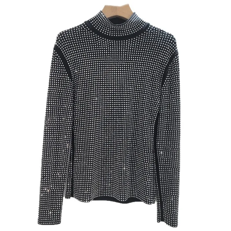 Women's Semi-turtleneck Hot Diamond Versatile Bottoming Shirt 2025 Autumn New Black Tight and Thin Inner Long-sleeved Tshirt Top