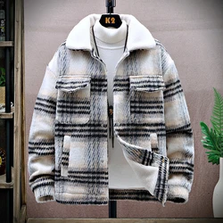 Fashion 2024 Autumn Winter Men's Warm Checkered Fleece Jacket Youth Casual Thick Plaid Plush Coat Streetwear Slim Fit Top Parkas