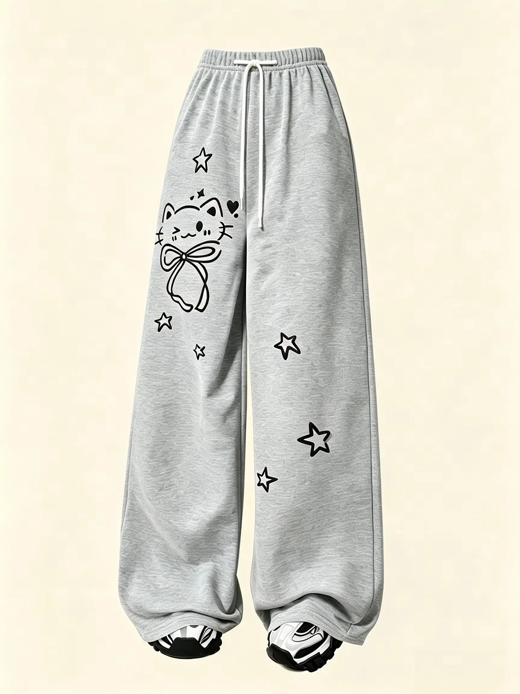 Hot Selling Neutral Quick Drying Pants with Sweet Cartoon Cat Star Pattern, Loose Straight Leg Pants, Fitness and Training Pants