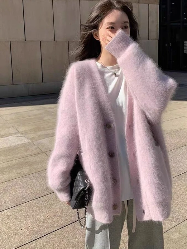 Loose Women's Knitted Sweater Coat Winter Faux Mink Outerwear V-Neck Long Sleeve Warm Thickened Casual Style Fashionable