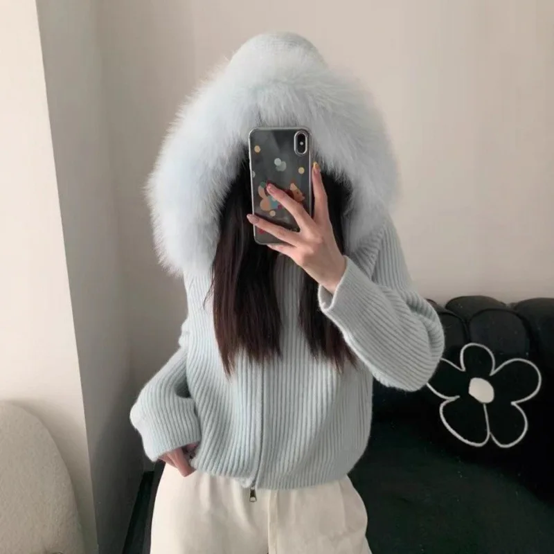 Hooded Removable Large Fur Neck Knitted Cardigan 2026 Autumn and Winter New Design Sense Women's Sweater Jacket