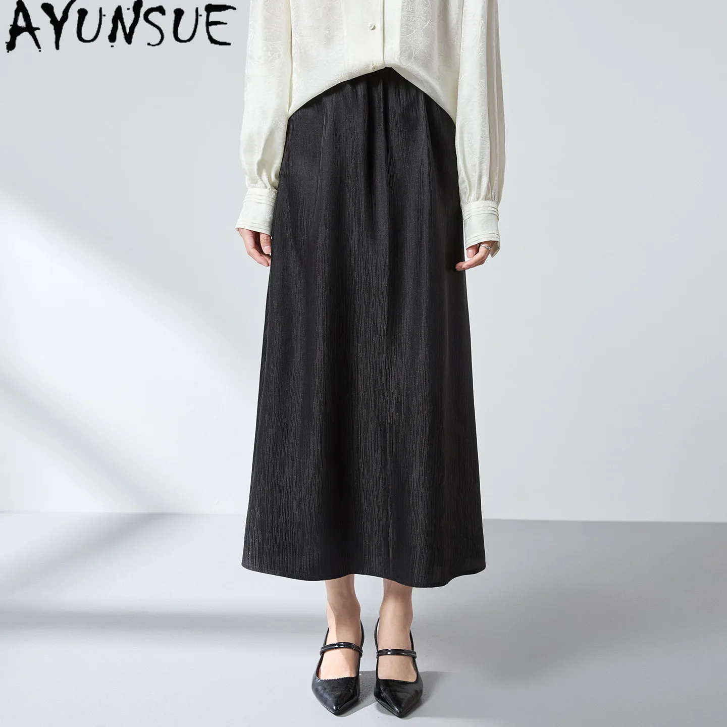 AYUNSUE 95.9% Mulberry Silk Long Skirts for Women Chinese Style Jacquard Black Skirt Summer Casual Women Skirts 2026 Ropa Mujer