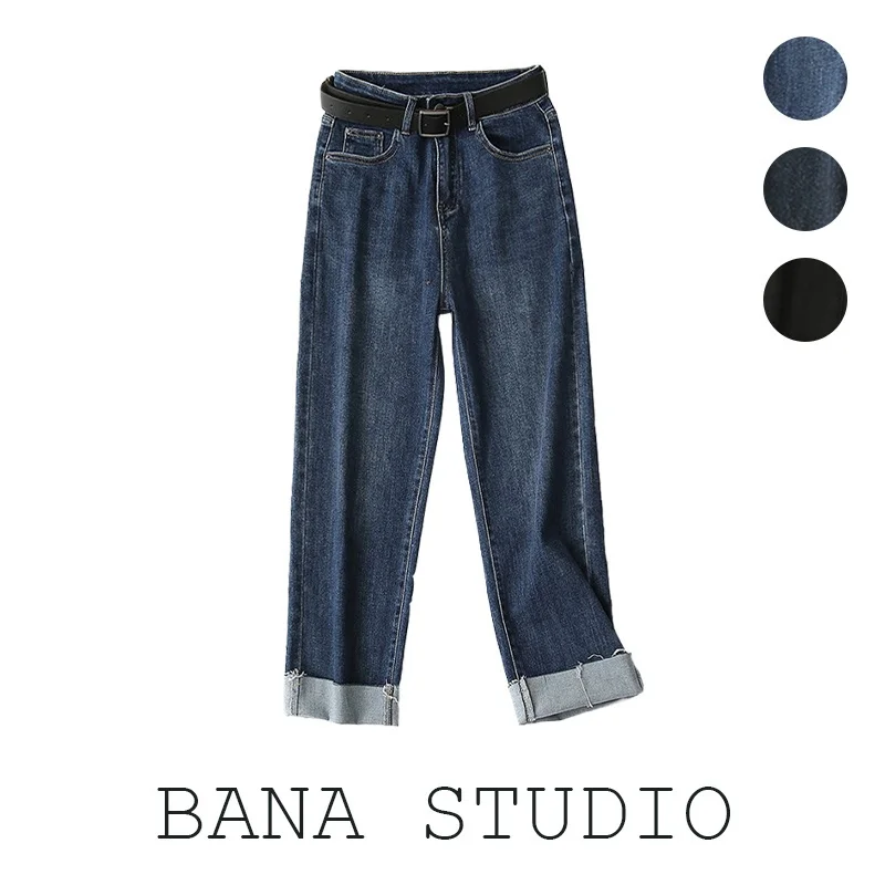 

BANA Station женские хлопковые эластичные джинсовые брюки с высокой талией, длинные прямые джинсы с манжетами и поясом