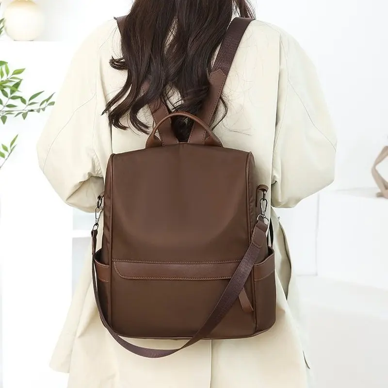 Black and White Contrast Color Backpack for Women Casual Nylon School Daypack with Top Handle Adjustable Strap Travel Daily Use