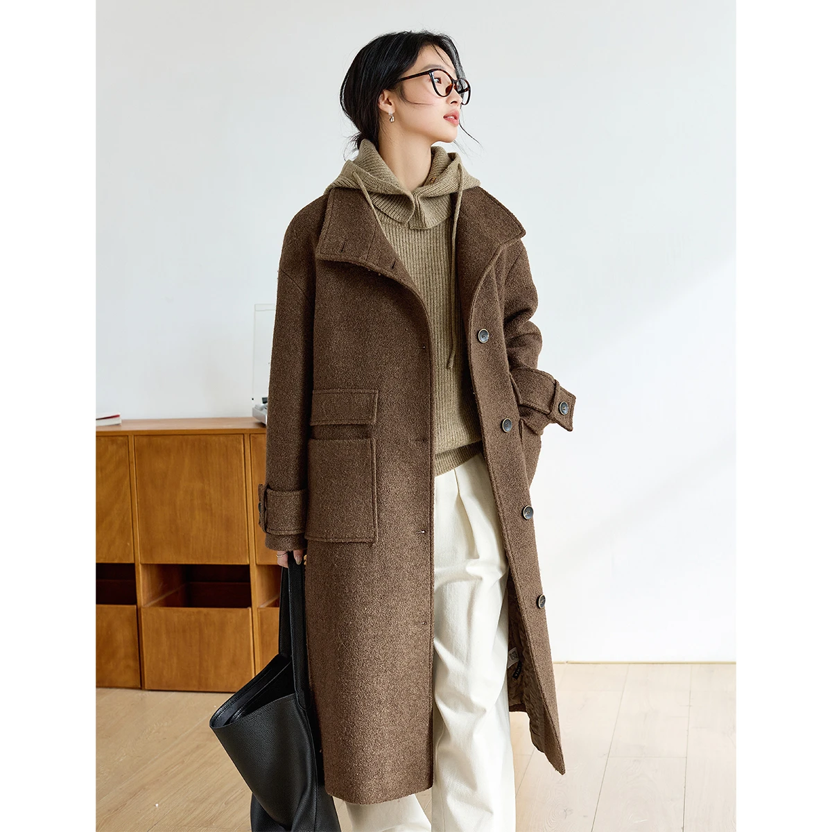 

VIMLY Women Winter Brown Long Coats 2025 Office Wear Stand Neck Wool Coats Vintage Loose Quilted Tweed Female Overcoat M9289