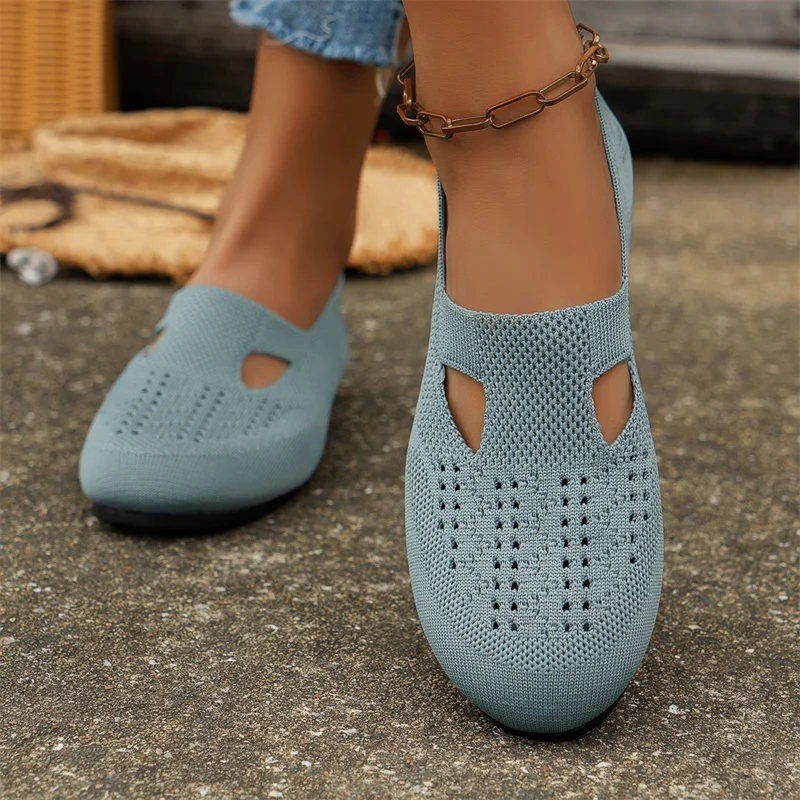 Spring and Summer Round Toe Flat Bottom Solid Color Casual Comfortable Hollow Casual Women\'s Walking Shoes Zapatos De Mujer