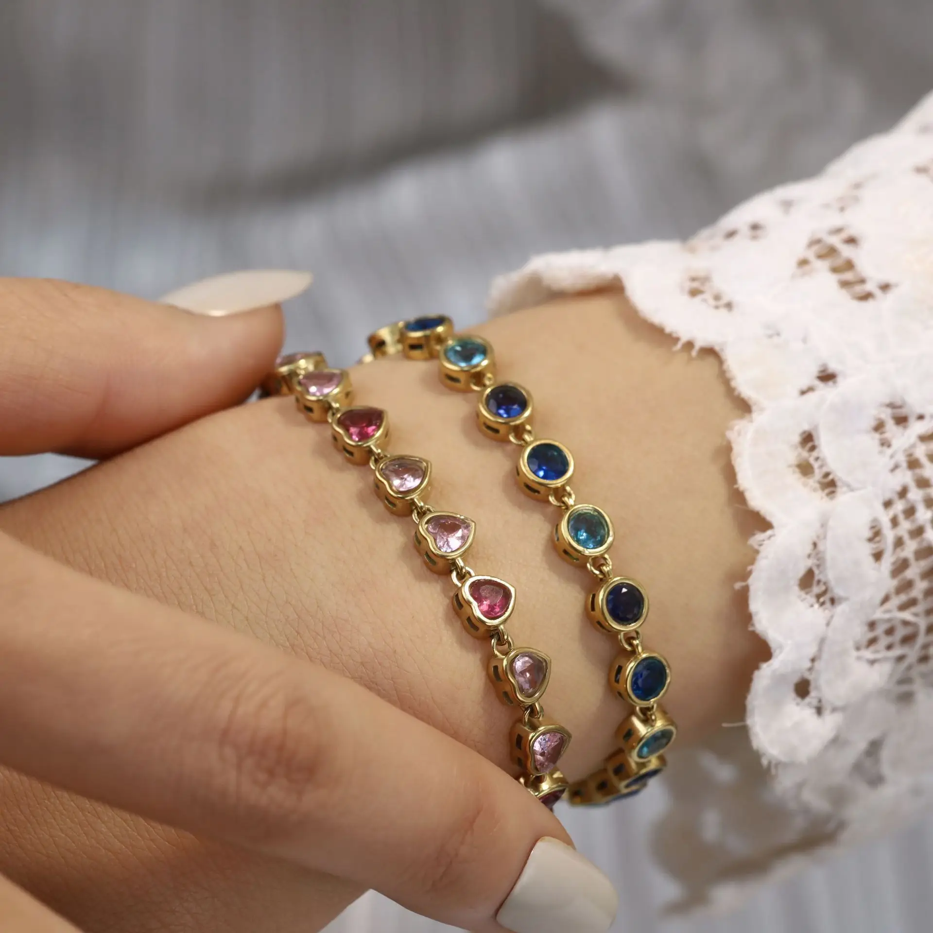 Ars Stainless Steel Tennis Bracelet Gold Plated Bracelet Multi Heart Round Zircon Bracelets Adjustable Bracelets Gifts for Women