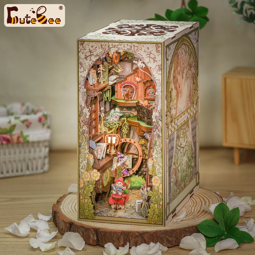 CUTEBEE Book Nook Kit Miniature DIY Dollhouse Touch Light With Furniture Model DIY Gifts( Elven Paradise）