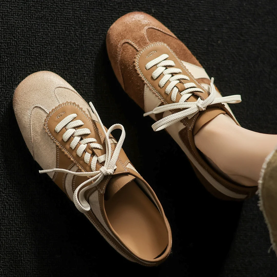2025 Spring new women\'s genuine leather mix color patchwork lace-up flats sneakers leisure soft comfortable female walk shoes