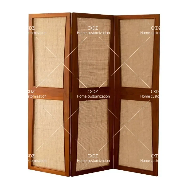 Retro Solid Wood Folding Screen Living Room Partition Entrance Porch Divider Nordic Style Movable Rattan Room Separator for