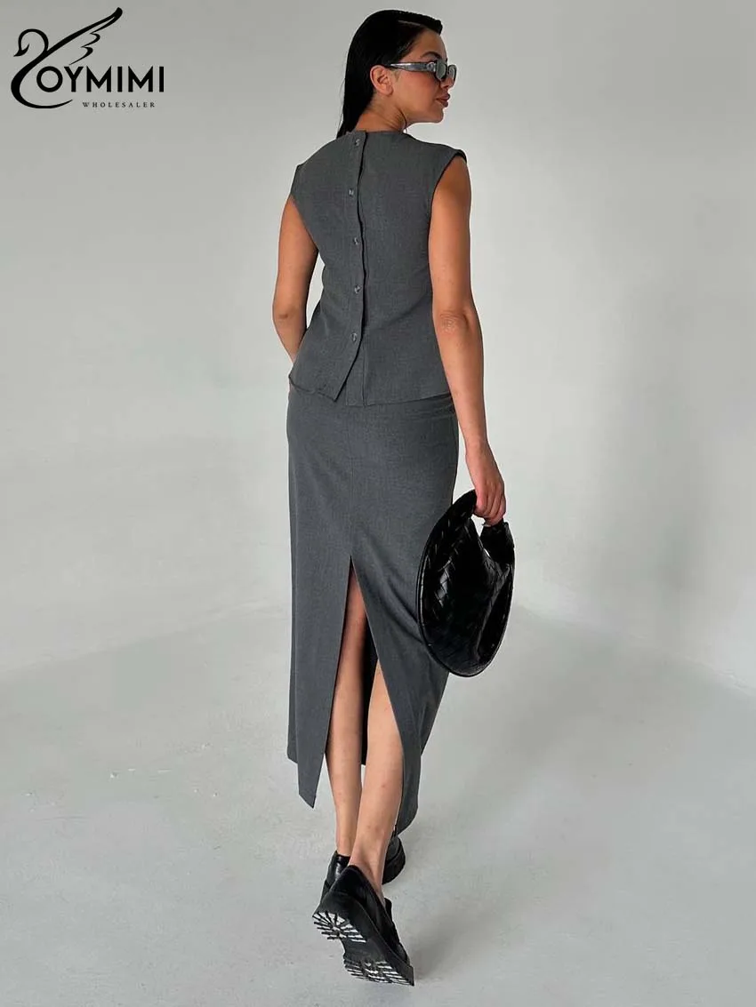 Oymimi Elegant Grey Slim Two Piece Set For Women Fashion O-Neck Sleeveless Button Blouses And Straight Slit Skirts Female Sets