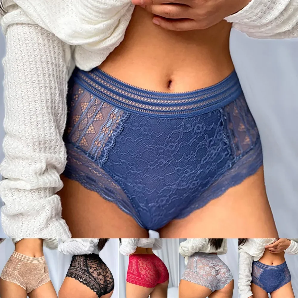 Women Lace Panties Sexy Hollow See Through Briefs High Waist Underwear Seamless Knickers Female Underpants Breath Lightweight