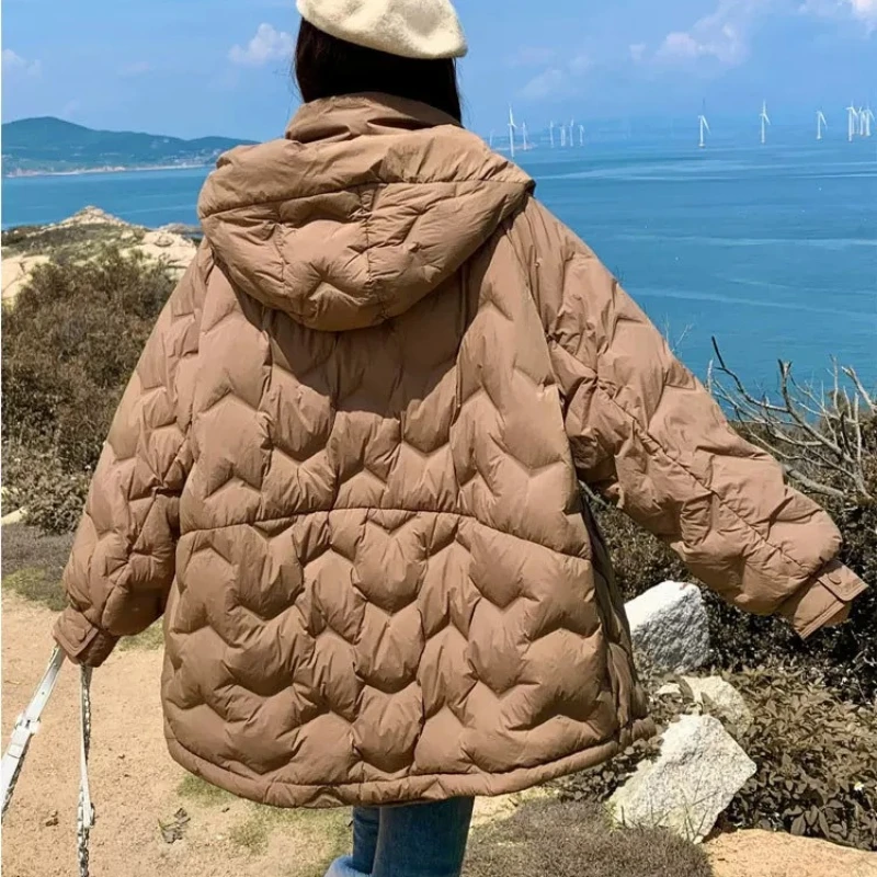 2024 novo inverno com capuz leve puffer jaqueta pato branco para baixo solto quente à prova de vento parka engrossado jaqueta de comprimento médio