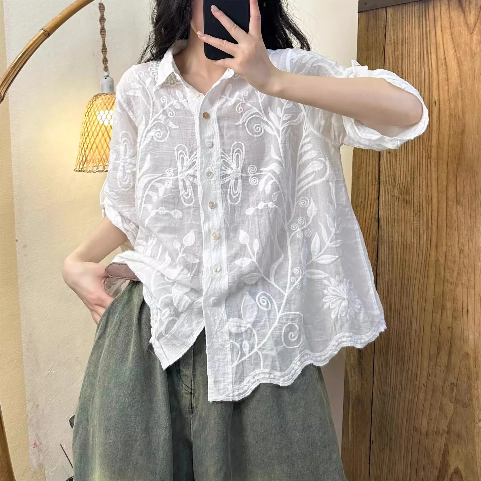 New Summer Cotton Half Sleeve Shirt Turn-down Collar Embroidery Tops Girl Casual Loose Fashion OL Blouse 2024 Autumn T47136QM