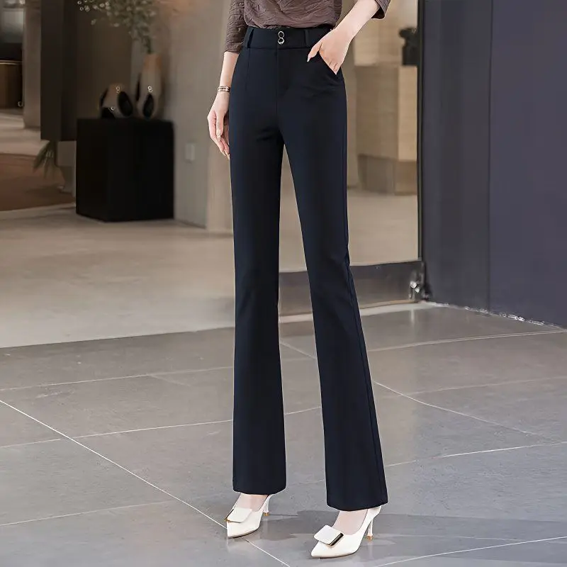 Womens Button Zipper High Waist Micro Flare Pants Side Pocket Slim Fit Formal Office Casual Trousers