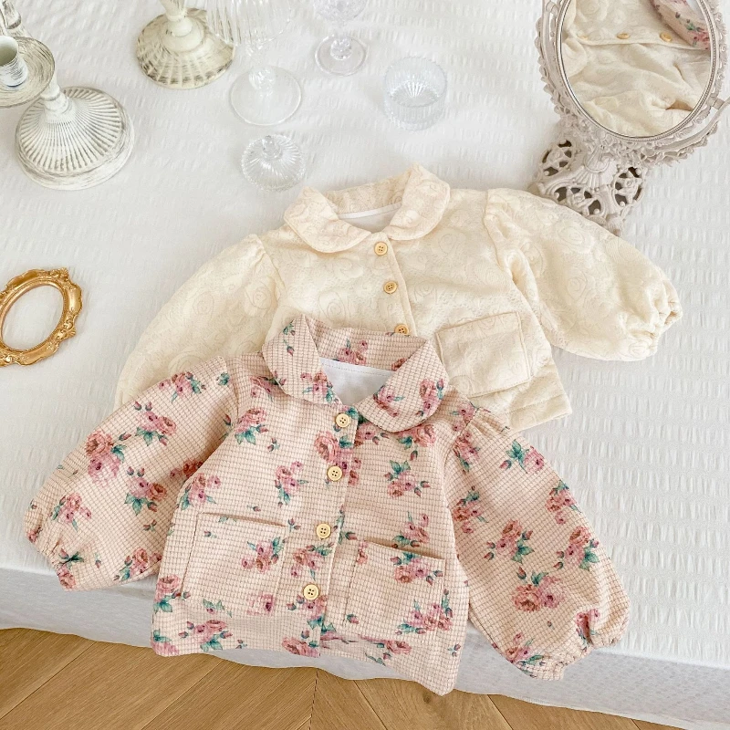

2025 Autumn and Winter New Baby Girl Flower Print Bubble Long Sleeved Doll Collar Lapel Cardigan Jacket