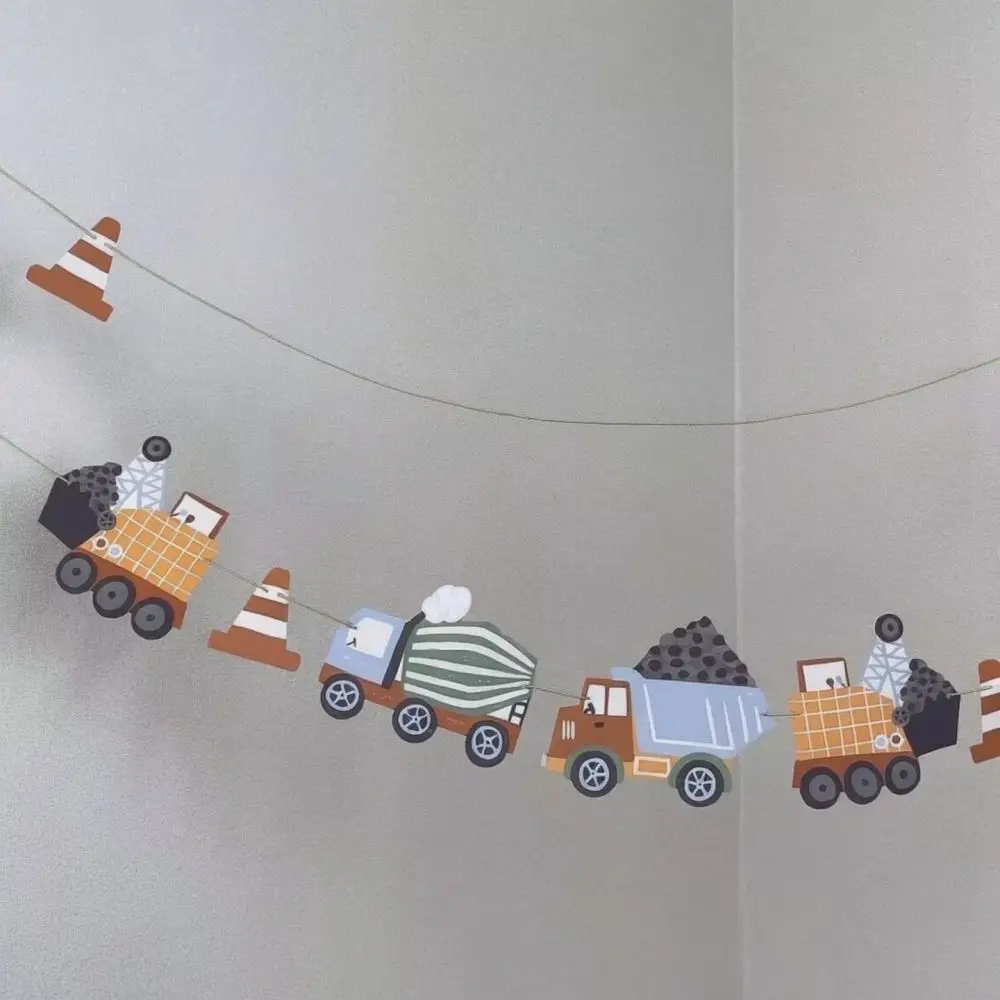 Minimalist Engineering Vehicle Party Banner Paper Letter Hanging Sign For Baby Shower First Birthday Celebration Wall Decor Set