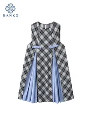 Summer New Design Blue Plaid Sleeveless A-line Dress Women Sweet O-Neck Bow Pleated Mini Dress Fashion Loose One-Piece Frocks