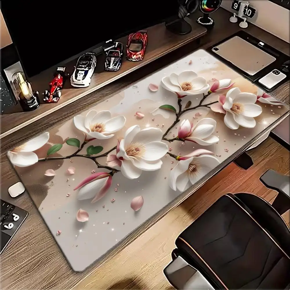 Large XXL Gaming MousePad Desk Mat Keyboard Pad White Magnolia Flower Branch Petal Print NonSlip Rubber Base Stitched Edge Decor