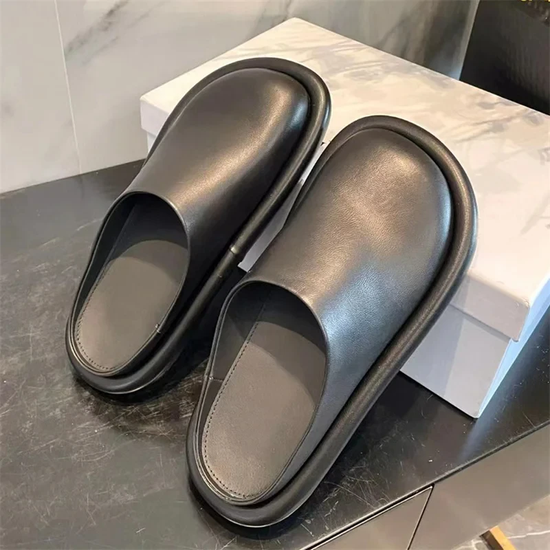 

Genuine Leather Slipper Women Round Toe Black White Mules Shoes Lady Fashion Comfort Autumn Slides Woman Runway Slippers Woman