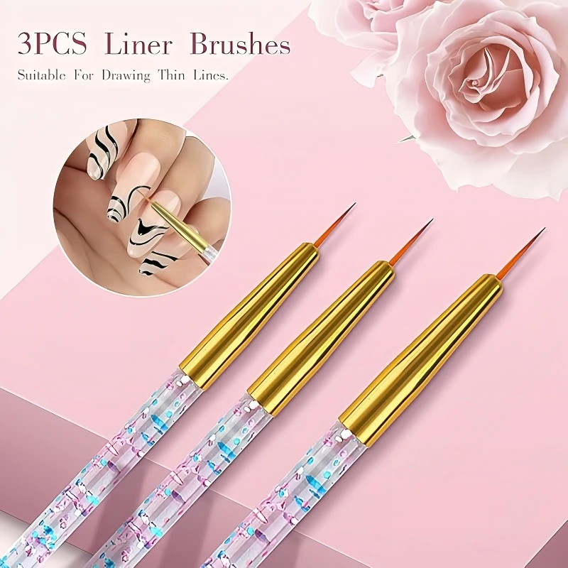 3Pcs Nail Art Liner Brushes Set UV Gel Manicure Painting Set Nail Drawing Tool for Design Long Lines Thin Details Fine Drawing