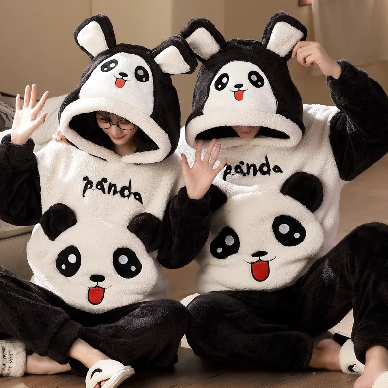 Cartoon Cat Couples Pajamas Sets Winter Thicken Women Men Korean Sleepwear Anime Pyjamas Suits Hoodie Coral Fleece Nightgown