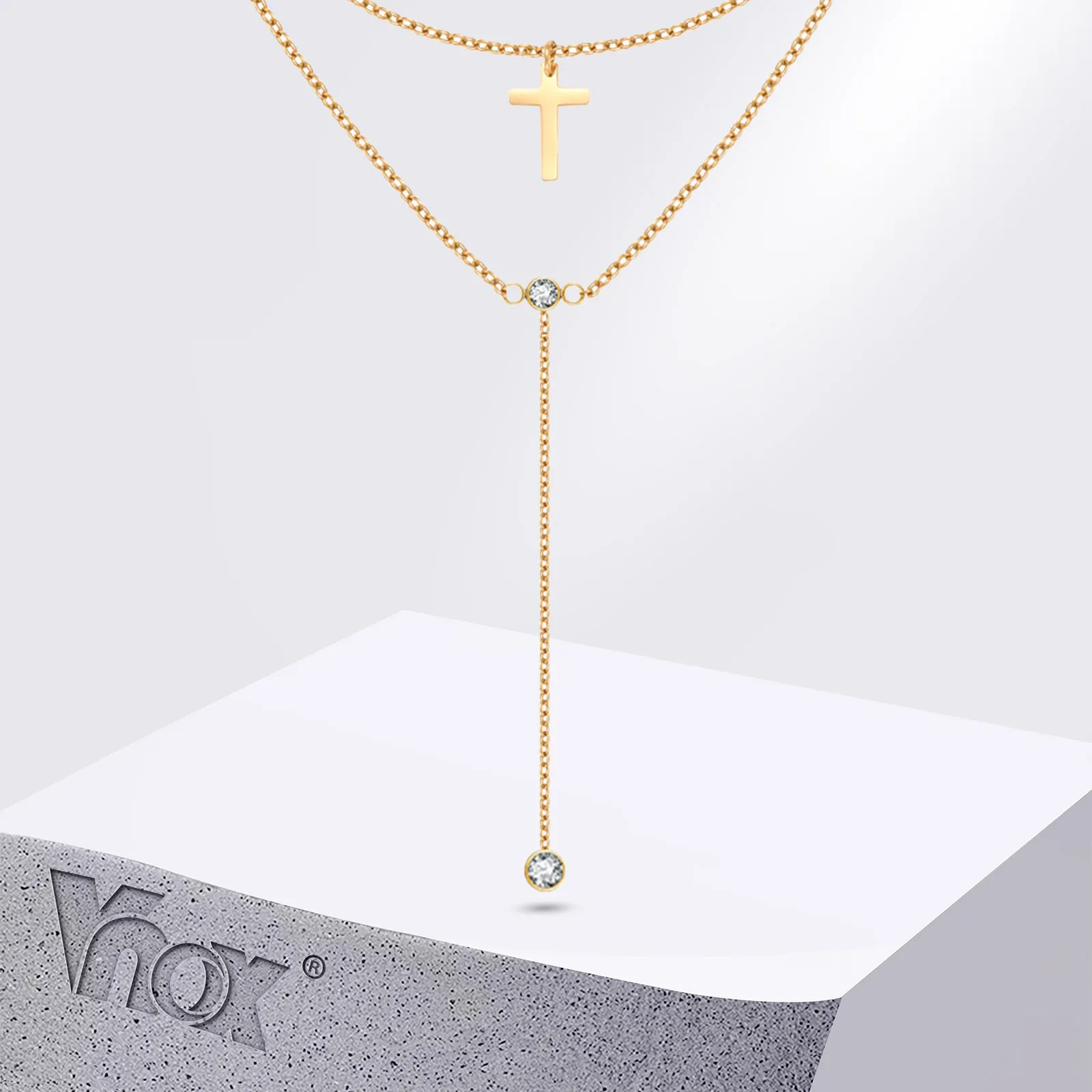 Vnox Stainless Steel Flat Cross Chain Necklace For Women Zircon Gold Plated Y-shaped Double Layered Necklace Fashion Jewelry