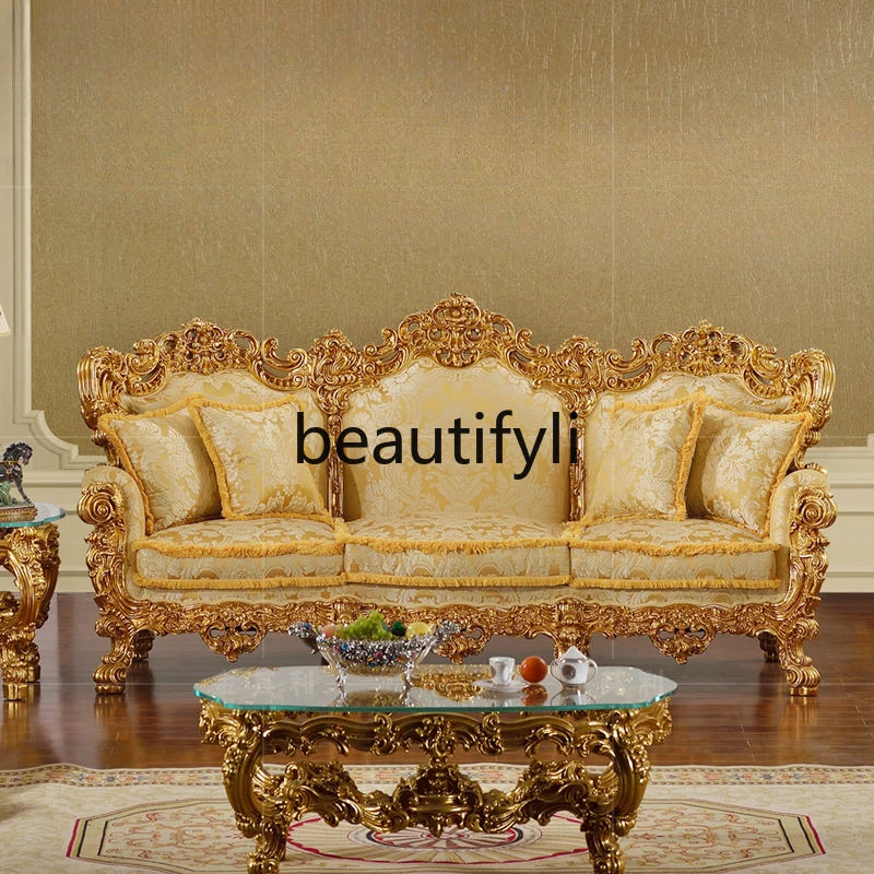 French luxury three-person sofa gold foil engraved neoclassical solid wood high-end furniture customization