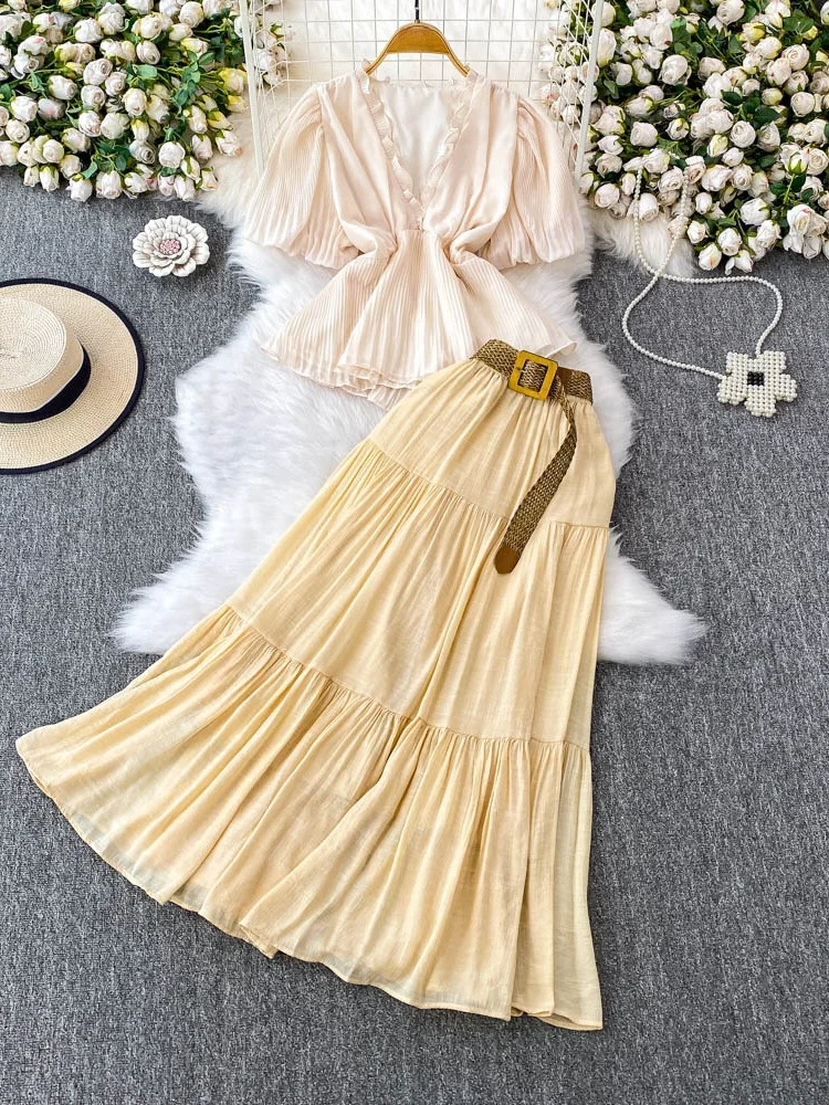 

White Chiffon Sexy V-Ne Bubble Sve irt Women's Skirt Set High Waist Puffy Cake Skirt Two-Piece Set ort Sve Summer