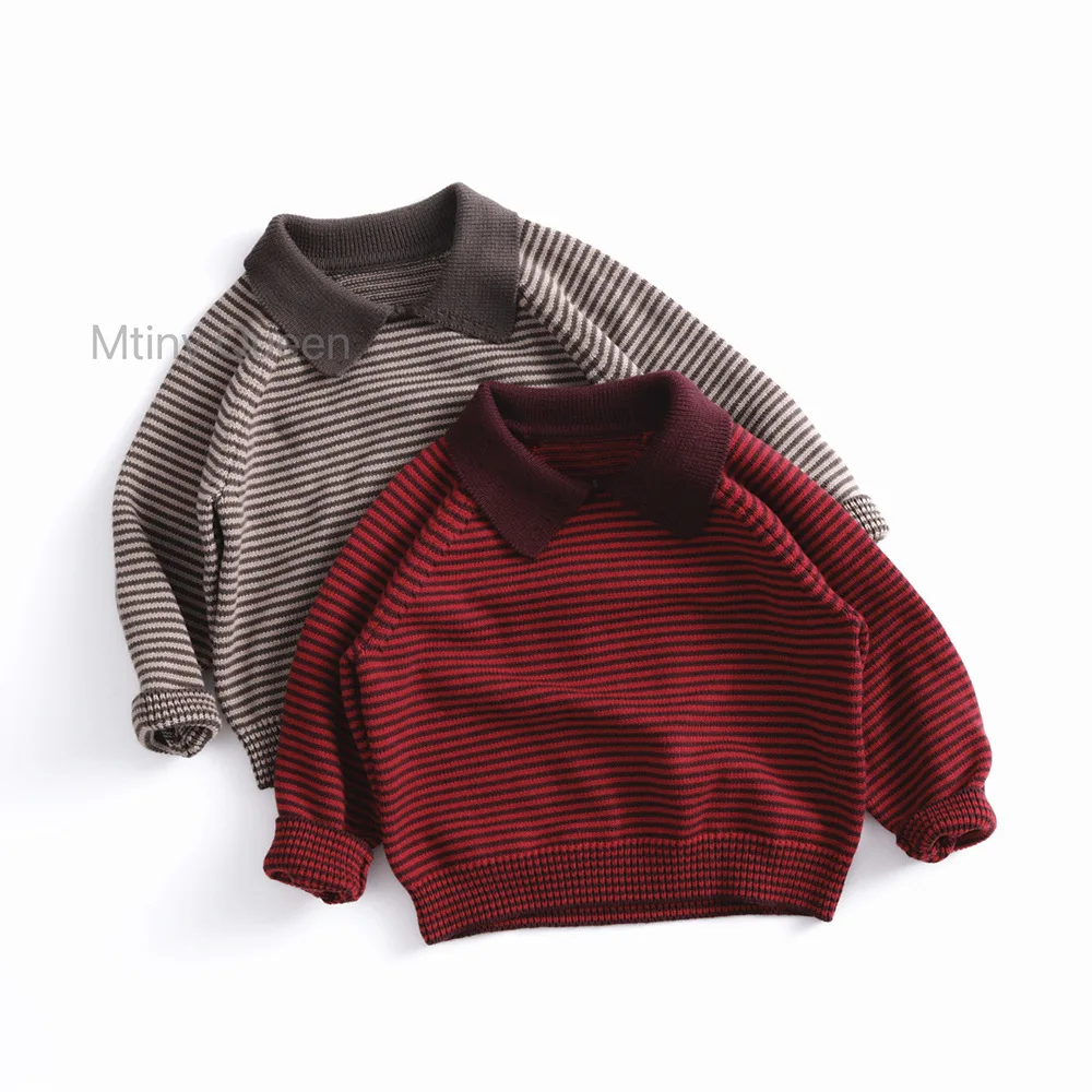 

2025 Autumn New Children Long Sleeve Knit Polo Shirts Cotton Boys Casual Sweater Girls Vintage Striped Sweater Kids Pullover