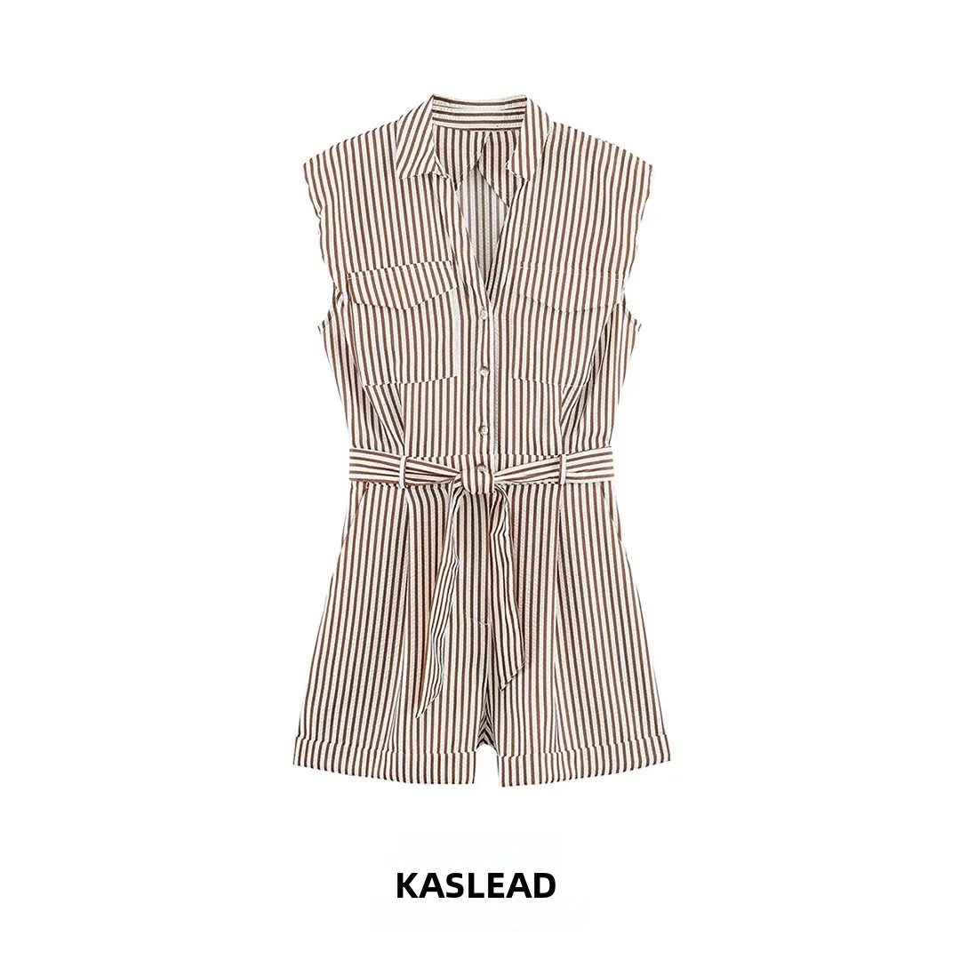 

KASLEAD Fashionable Women's Romper with Belted Stripes Short Pants 4387048 Polyester Fiber Commute Style mid Waist