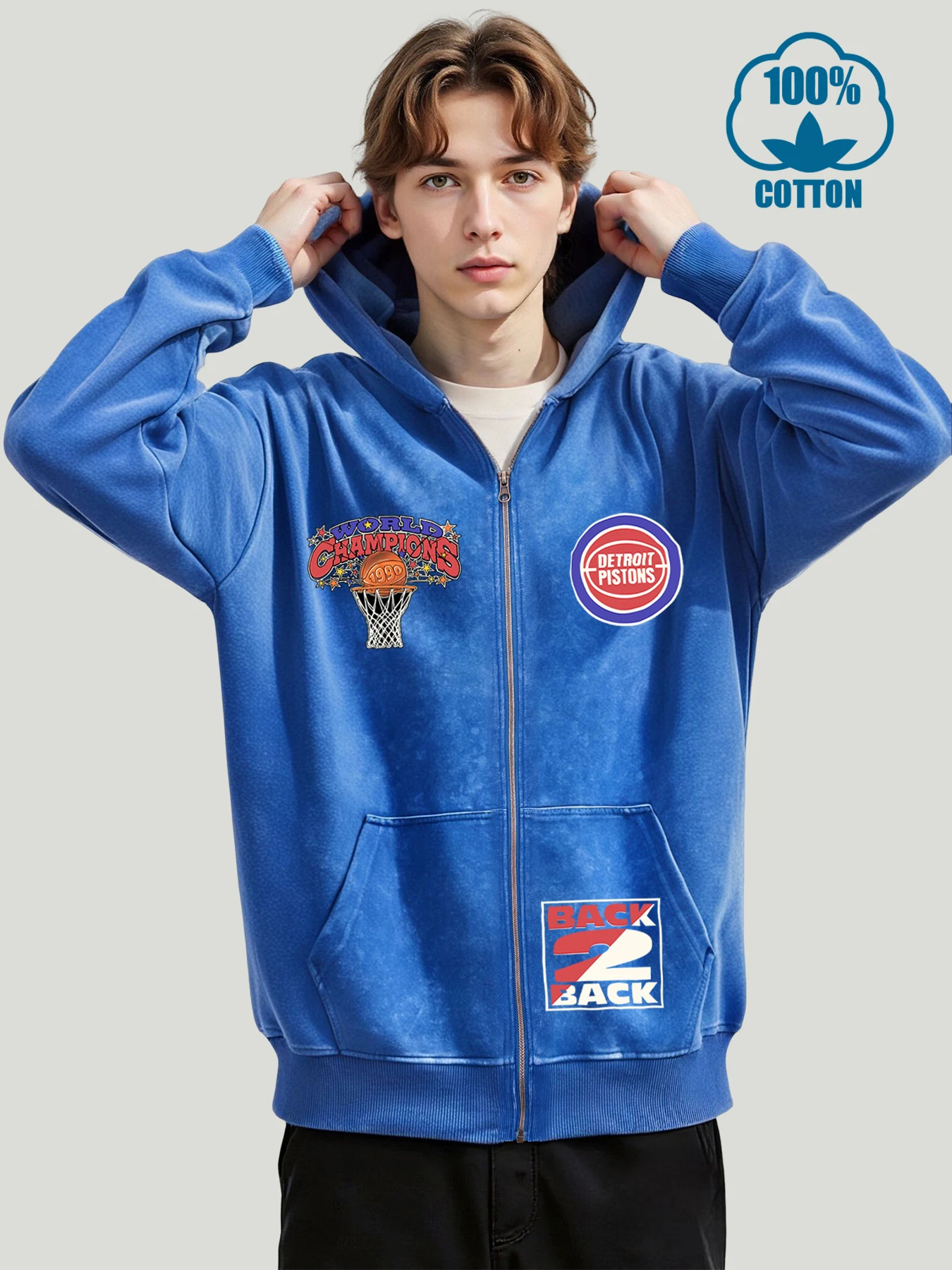 ديترويت بيستونز طباعة الذكور الخريف غسلها قلنسوة بسحاب الشارع القطن هودي الرياضة كبيرة الحجم زمم معطف فضفاض المتعثرة القمم #2