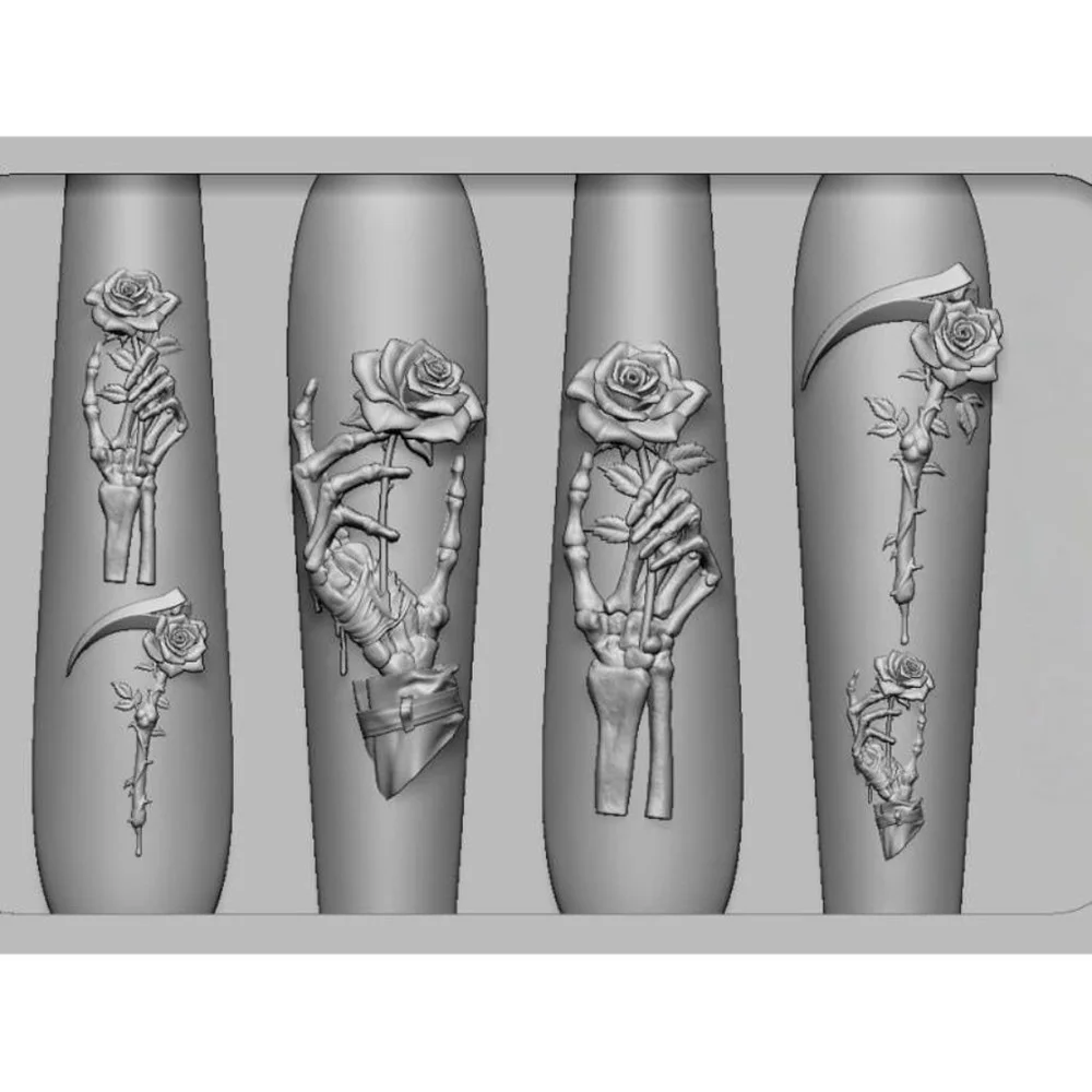 2Pcs Set Dark Rose Skull Silicone Nail Art Mold Gothic 3D Carving Template for Resin Nail Charms Vintage Floral Skeleton Decor view 4