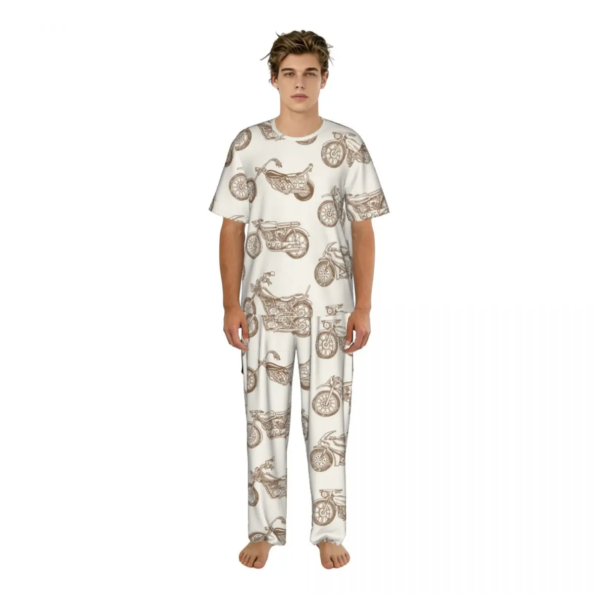 

Men Pajamas Set Vintage Motorcycles Pattern Short Sleeve Spring Summer Lounge Sleepwear Male Nightwear