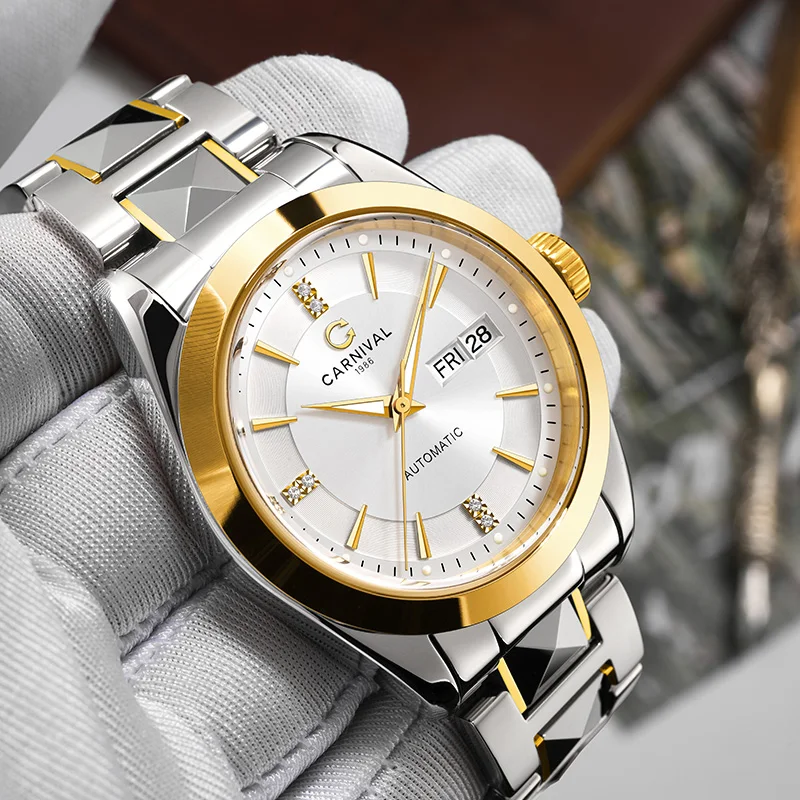Carnival Brand High End Series Luxury Imported Mechanical Watch Men Tungsten Steel Strap 50M Waterproof Week Date Watches Mens