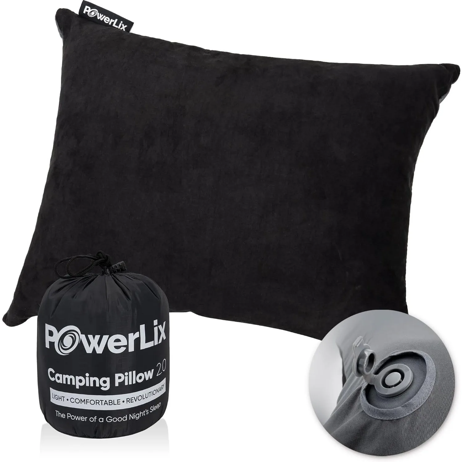 

POWERLIX Travel Camping Pillow - Memory Foam & Inflatable - Removable Machine Washable Cover for Stomach and Side Sleeper