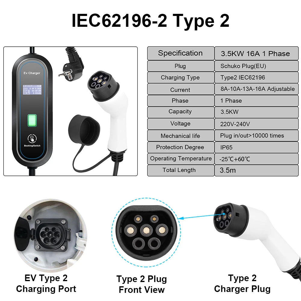 Teschev 3.5KW 16A EV Portable Charger Type2 EVSE Charging Box GBT Electric Car Charger J1772 Type1 Electric Vehicle Charger