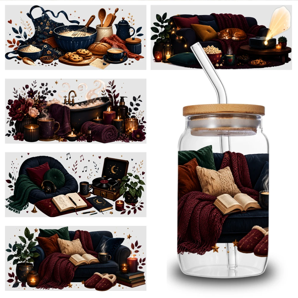 5 Sheets Cozy Autumn Hygge UV DTF Stickers UV DTF Stickers Cups Decoration Plastic Self-Adhesive Labels