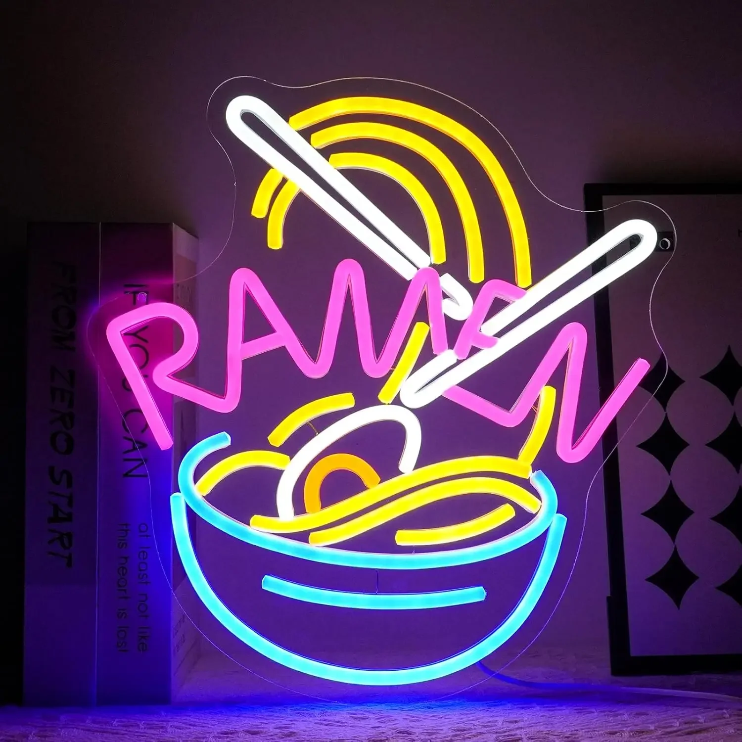 Ramen Neon Sign Colorful Noodle Bowl Chopsticks Rainbow LED Wall Art Acrylic USB Dimmable Hanging Light Cafe Kitchen Decor