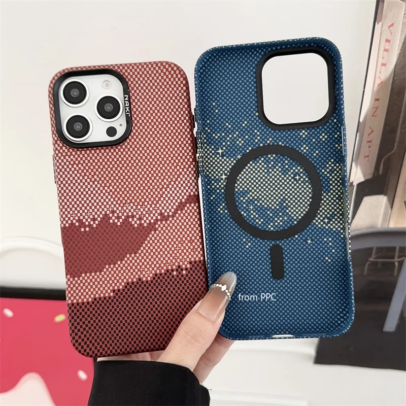 별이 빛나는 하늘 격자 무늬 도트 맥세이프 후면 커버, 아이폰 15, 14, 숨겨진 자석 쉘, 블랙 프레임 카메라, 럭셔리 카카사스, 16 프로 맥스 케이스